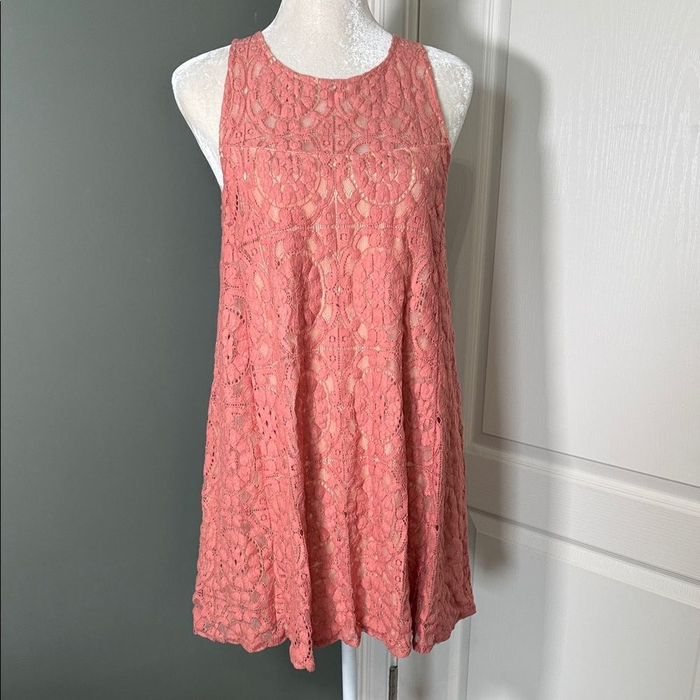 Free People Lace Mini Dress Peach Open Back Sleeveless Boho Size S
